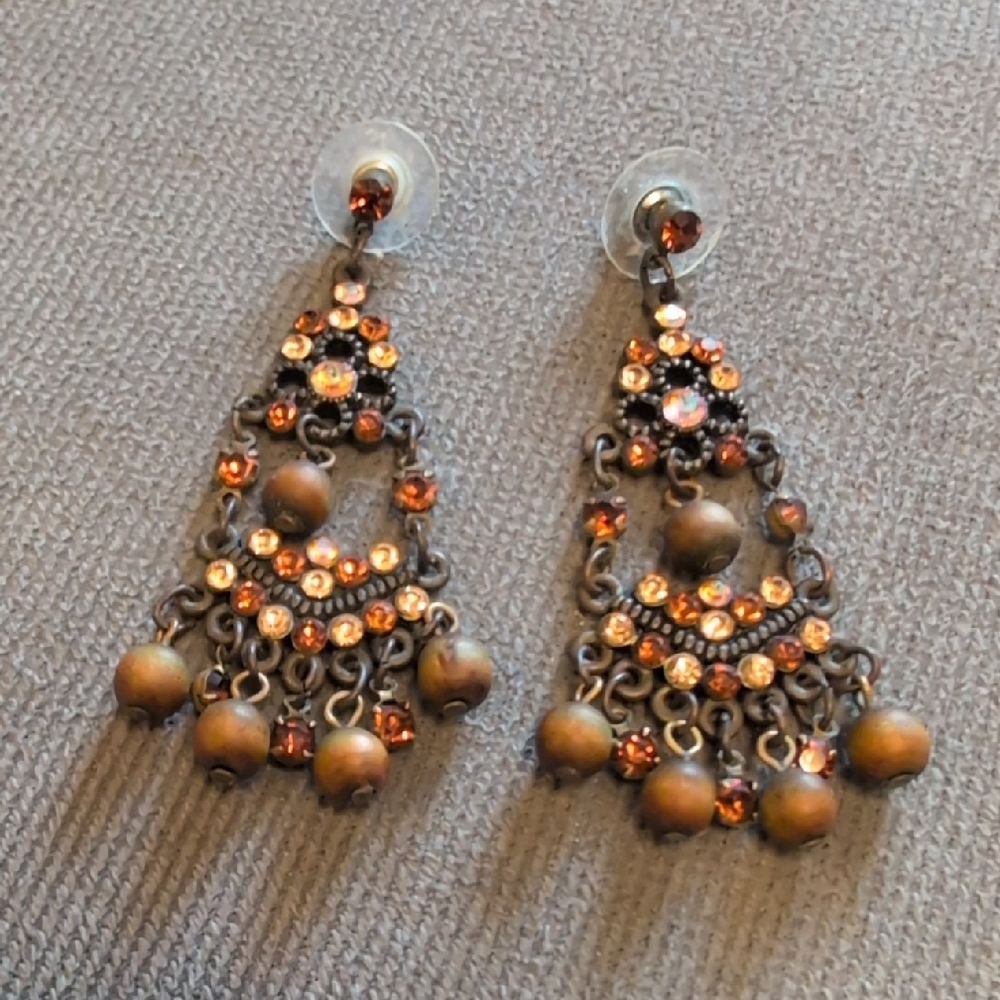 Stylish Antique Brass Chandelier Earrings with Amber Crystals